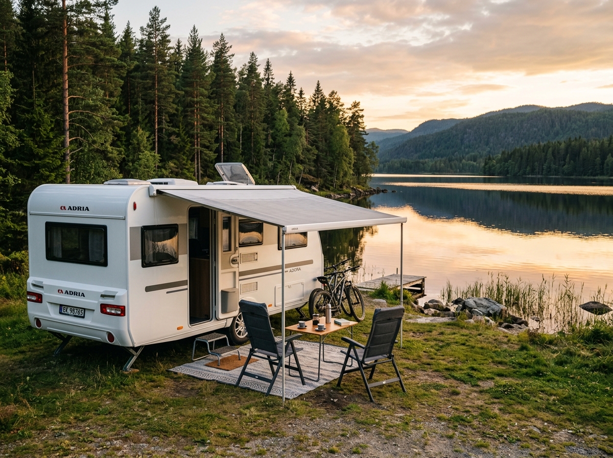 Hvit campingvogn med fortelt ved et stille vann i solnedgang