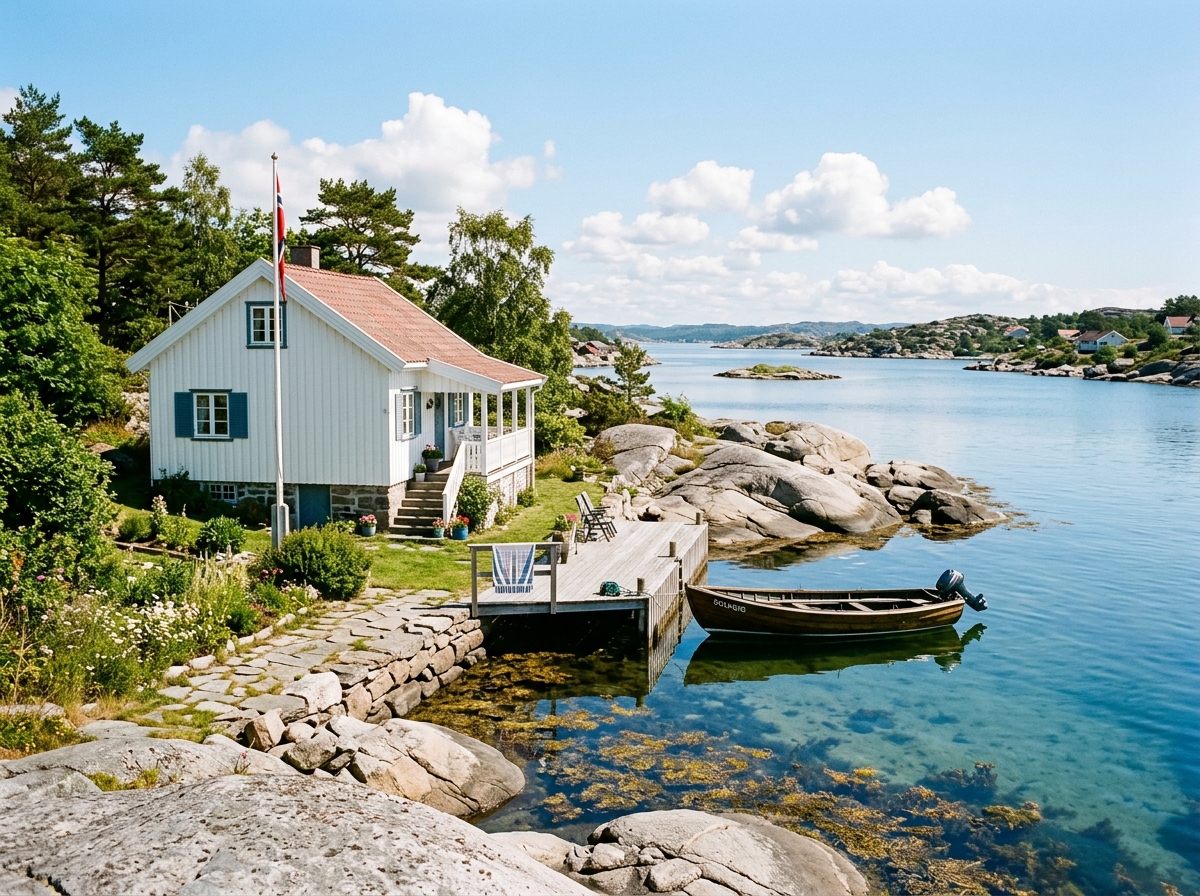 Hvitt trehus på svaberg ved sjøen med egen brygge og båt