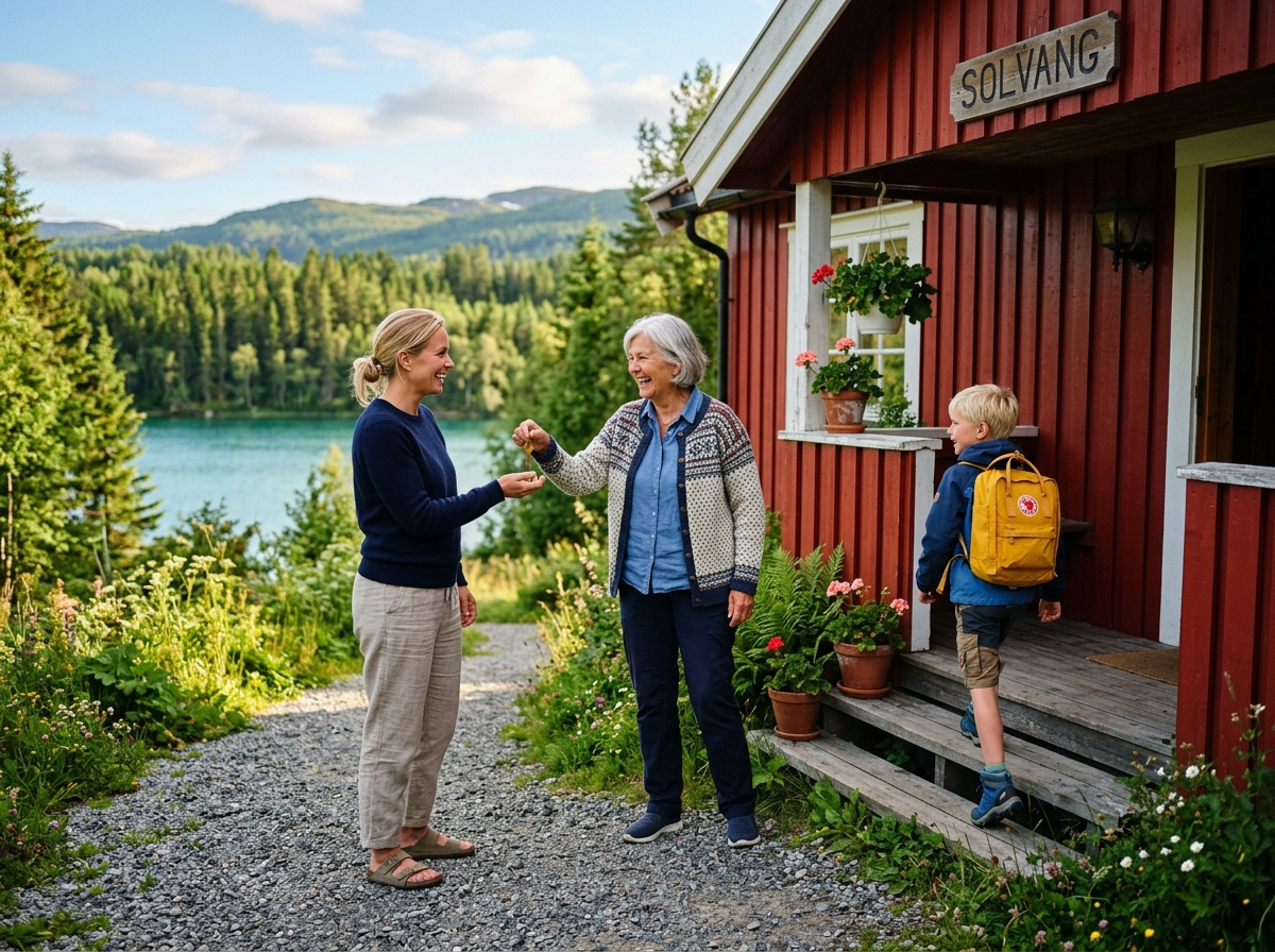 Familie i tre generasjoner som overtar nøkkelen til en rød hytte om sommeren