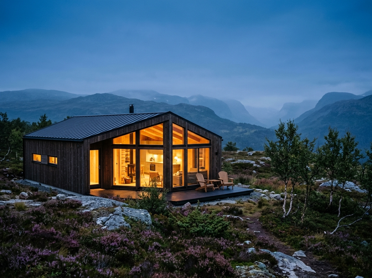 Moderne hytte på fjellet i skumringen med varmt lys i vinduene